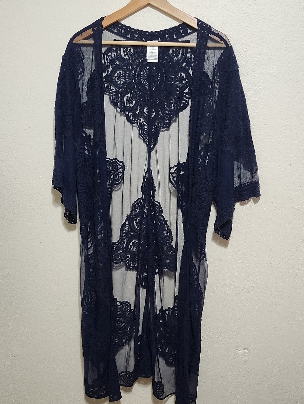 Navy Blue Sheer Floral Lace Longline Kimono Duster Cardigan – Size L/XL Whimisgo